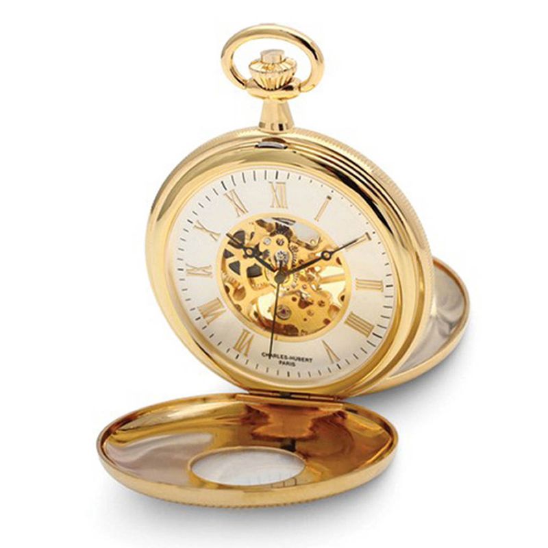 Charles Hubert Gold Finish White Dial Skeleton 50mm Pocket Watch